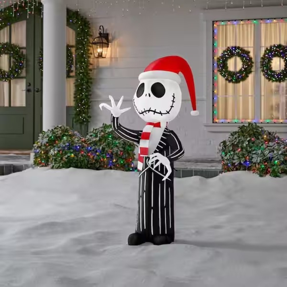 4 ft. LED Jack Skellington with Santa Hat Red White Scarf Inflatable Black Suit‎